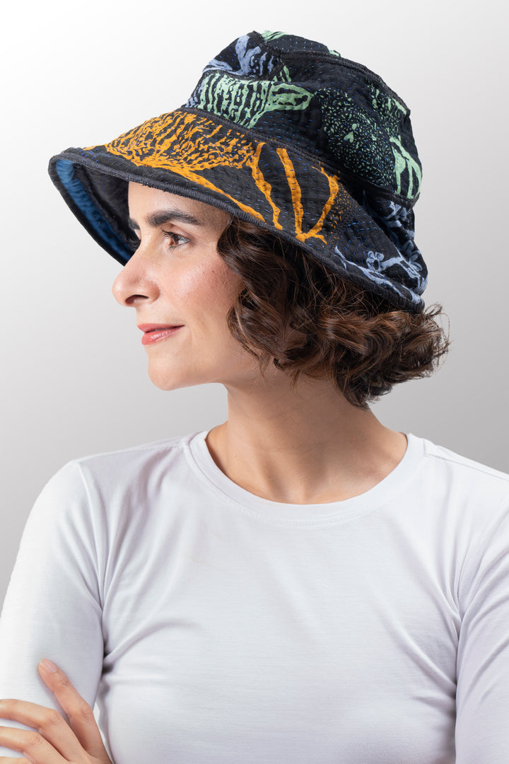 NIGHT FLOWERS KANTHA HALF BRIM HAT - nl4882-blu -