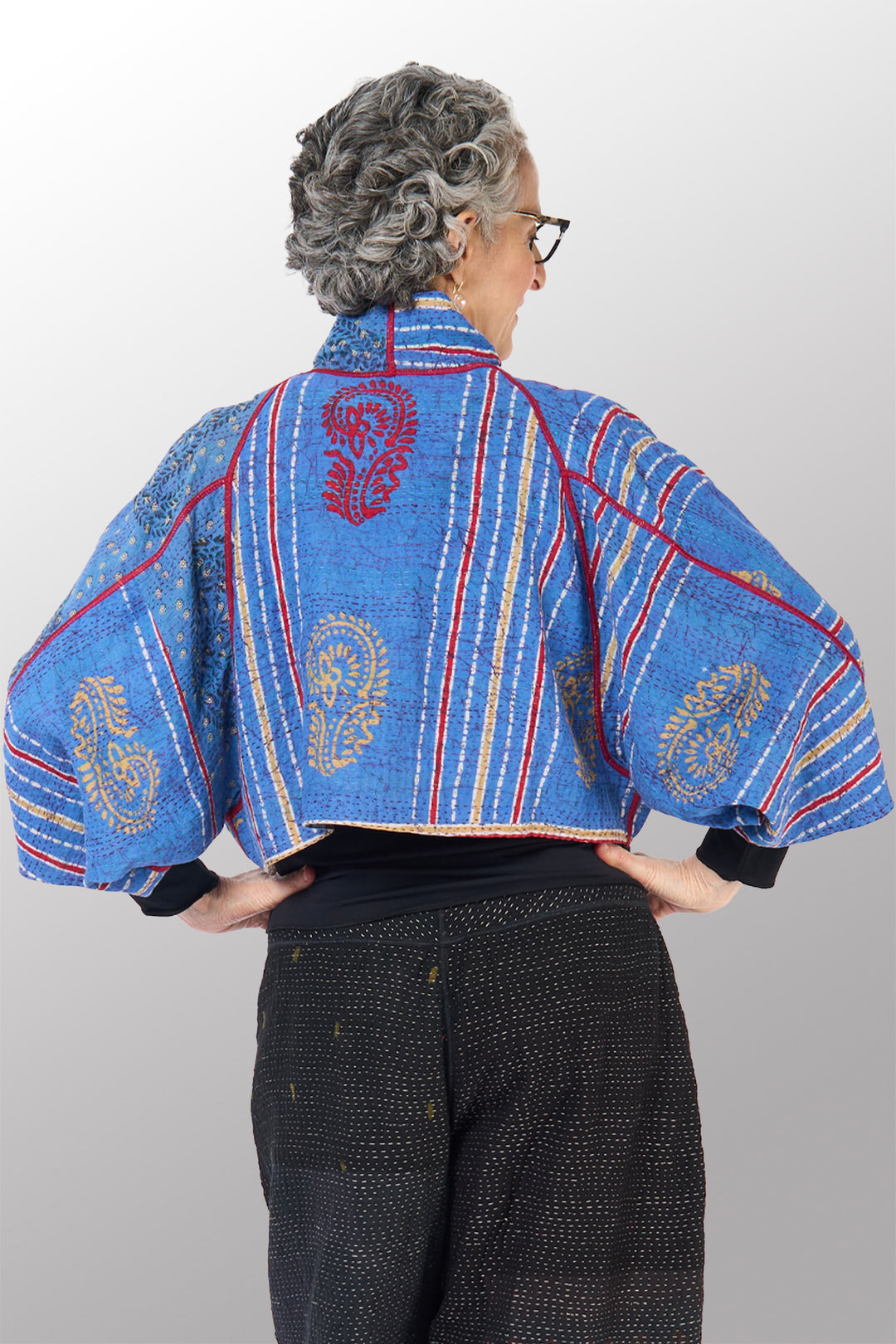 COTTON OVERDYE KANTHA PUFF SLV. SHRUG - ov2062-cblu001a -