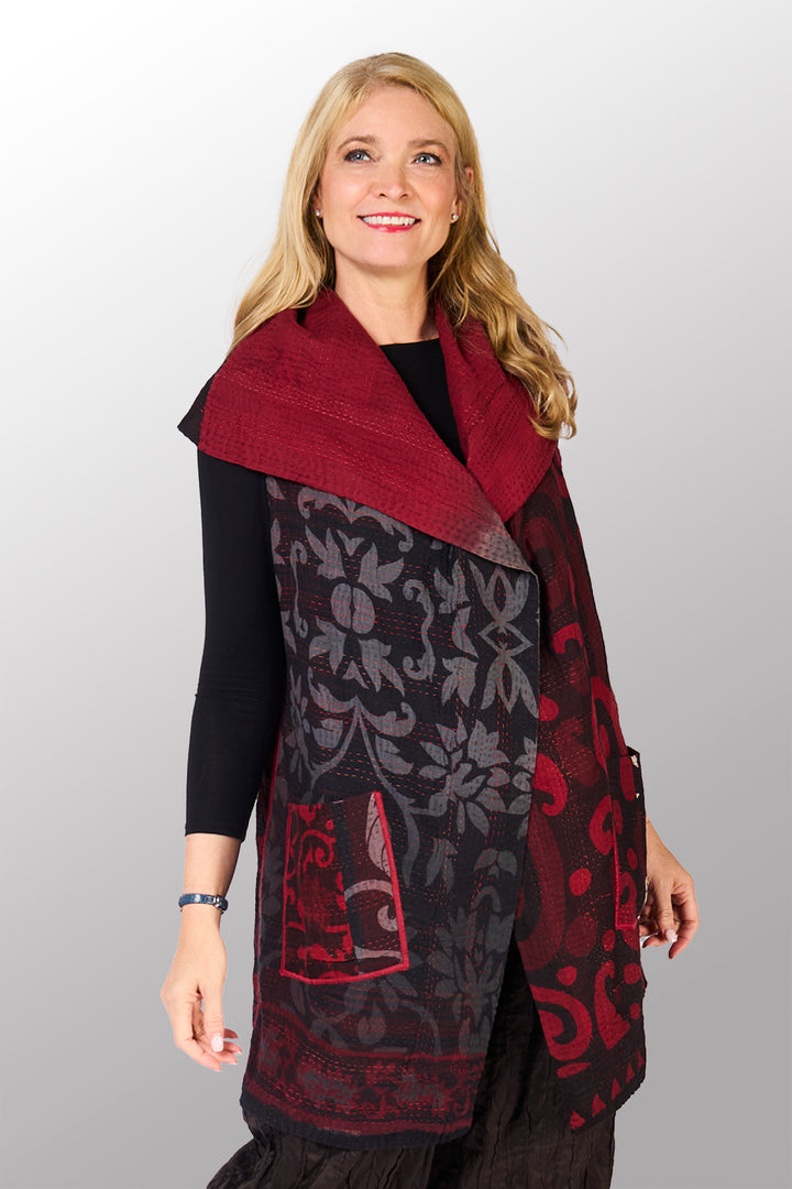 BIG PRINTED PATCH WITH OMBRE BACKING KANTHA CIRCULAR VEST - px4201-red -