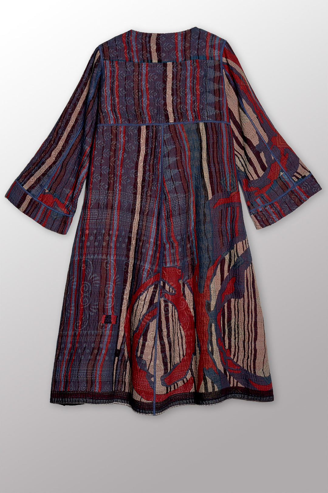 STRIPE AND BENDS KANTHA WRAP FLARE COAT - sb4330-red -