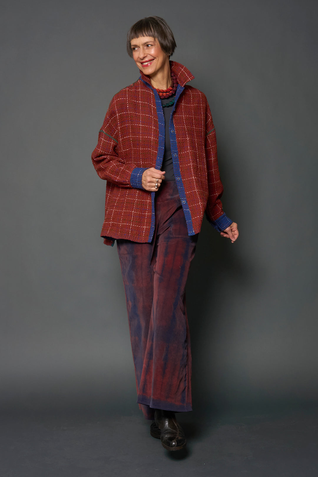 WOOL WAFFLE KANTHA RELAXED SHIRT JACKET - ww3j105-blu -