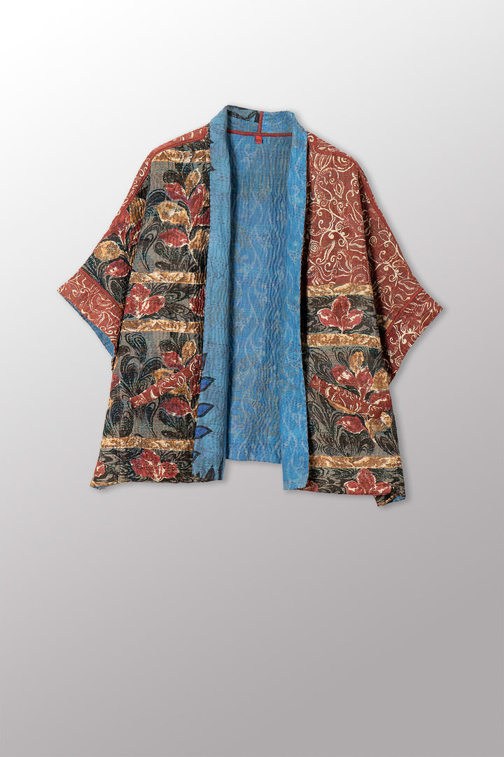VINTAGE SILK GEORGETTE COTTON KANTHA MINI PONCHO - gc4060-0001a -