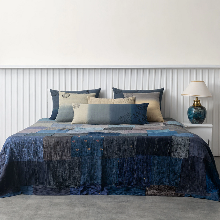 Vintage Fray Patch & Ombre Kantha Bedcover  -Navy -