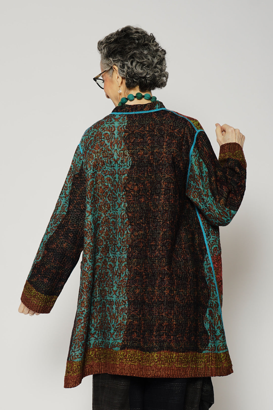 BAGH PRINT KANTHA KAFTAN JACKET MEDIUM - bg4089-brn -
