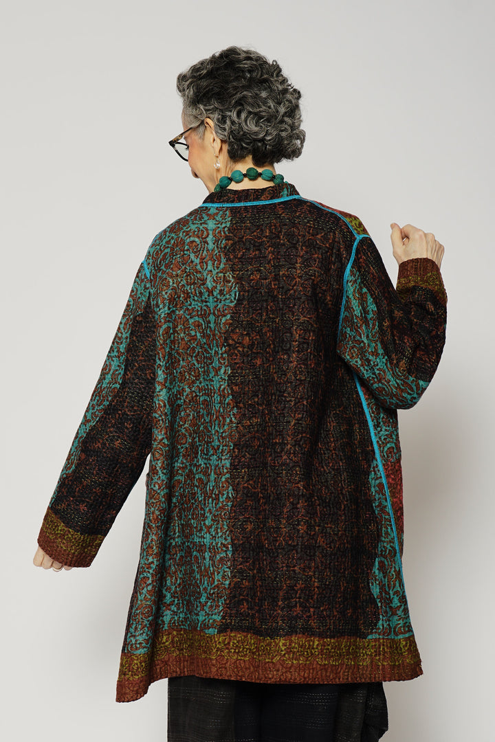 BAGH PRINT KANTHA KAFTAN JACKET MEDIUM - bg4089-brn -