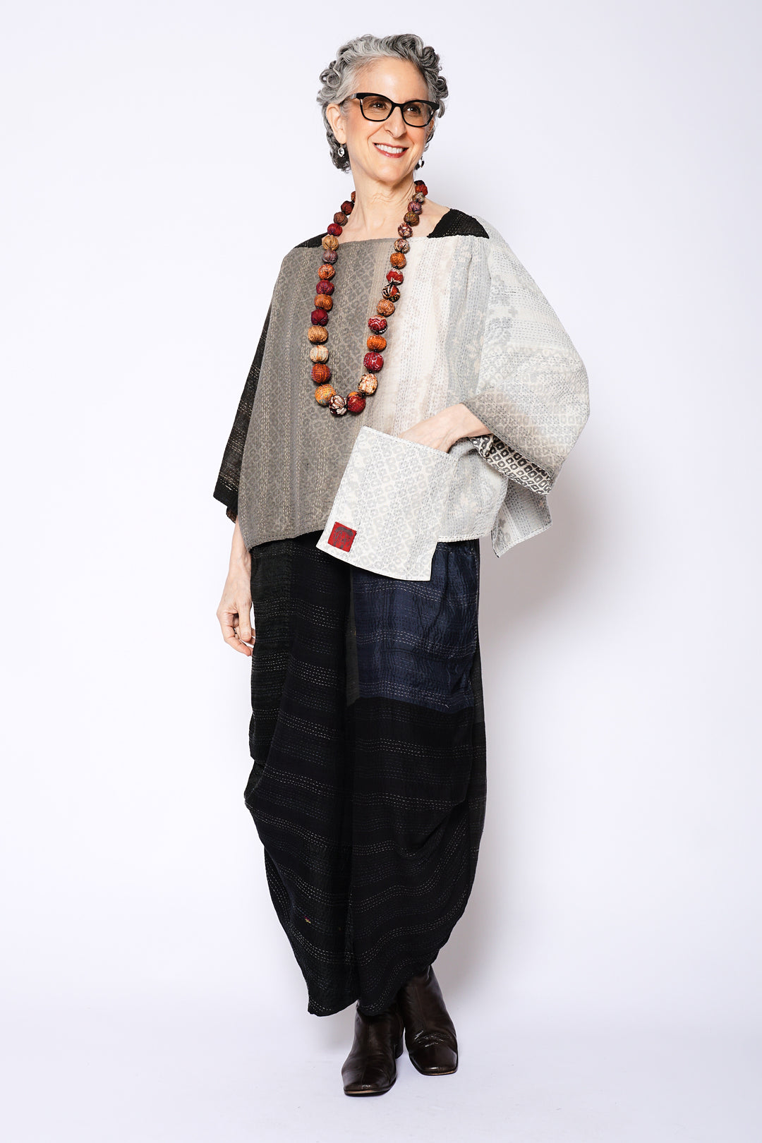 KIMONO COTTON KANTHA 3/4 SLV. CROP TOP MIO - kc2538-gry -