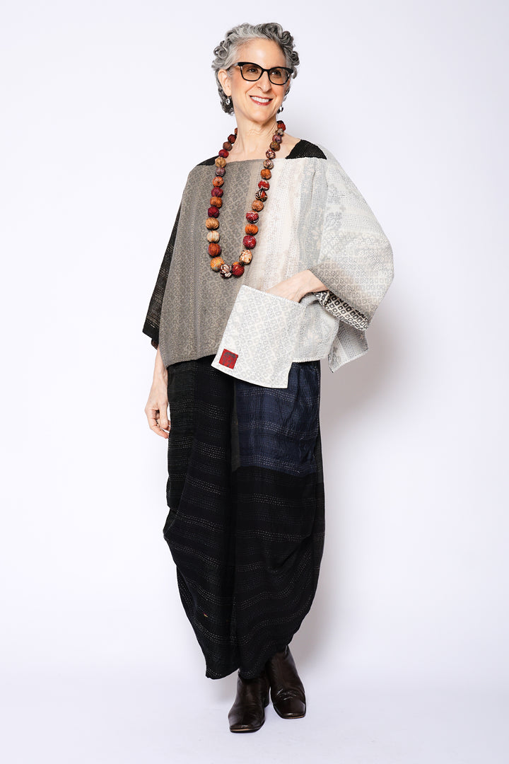 KIMONO COTTON KANTHA 3/4 SLV. CROP TOP MIO - kc2538-gry -