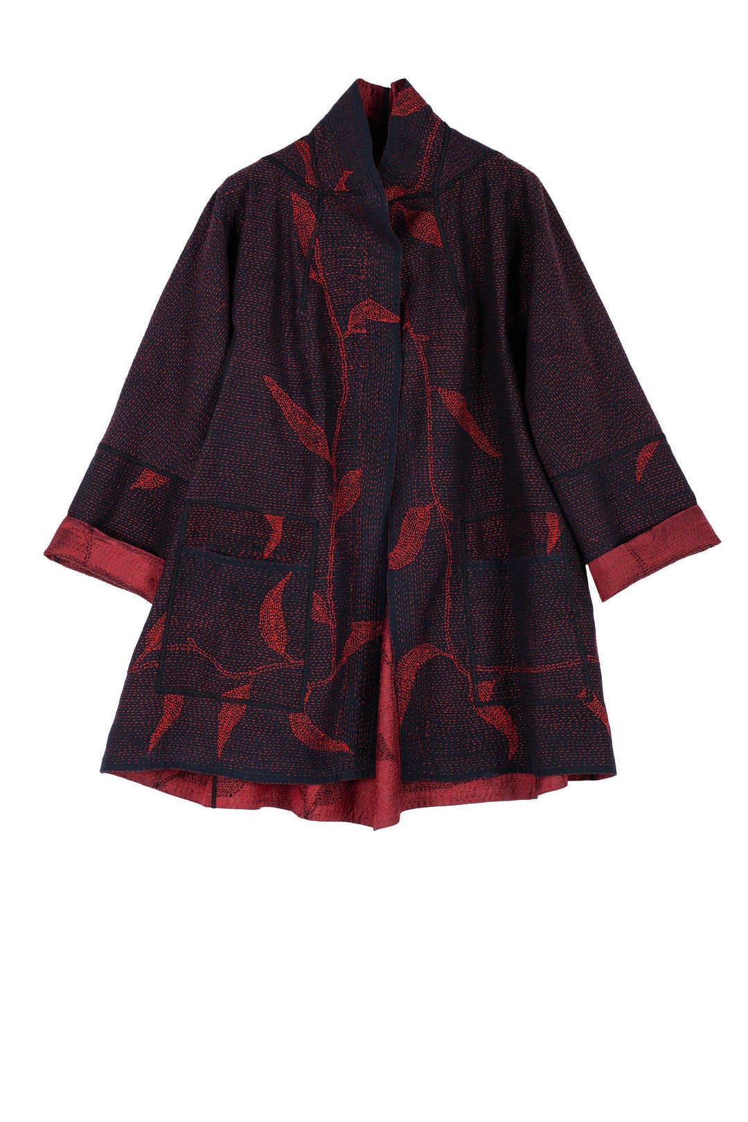 NIGHT BAMBOO SILK COTTON KANTHA FLARE LONG JKT - nb2021-red -