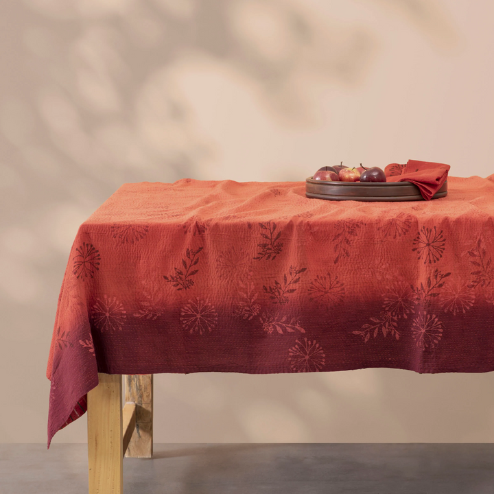 Vintage Fray Patch & Ombre Kantha Table Cover  -Carrot -