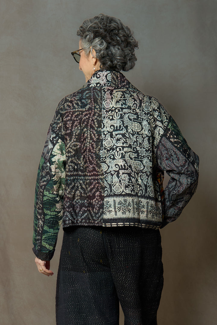JACQUARD SILK KANTHA NEW LAPELED SHORT JACKET - js4j101-blk -