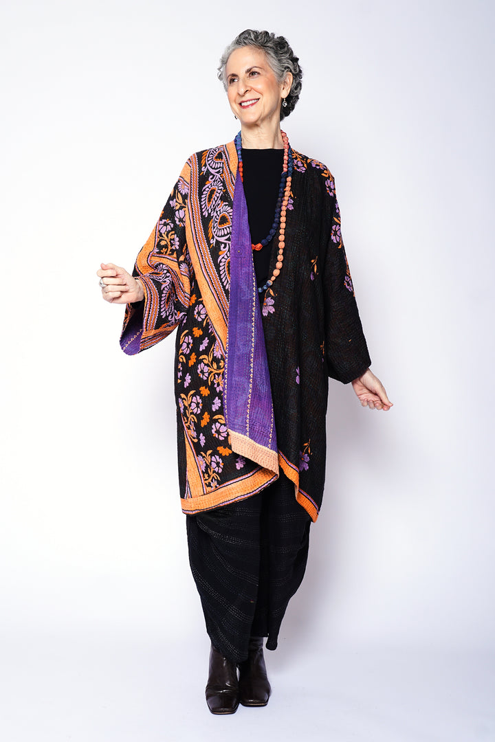 VINTAGE COTTON KANTHA KIMONO DUSTER - cv4317-0033a -