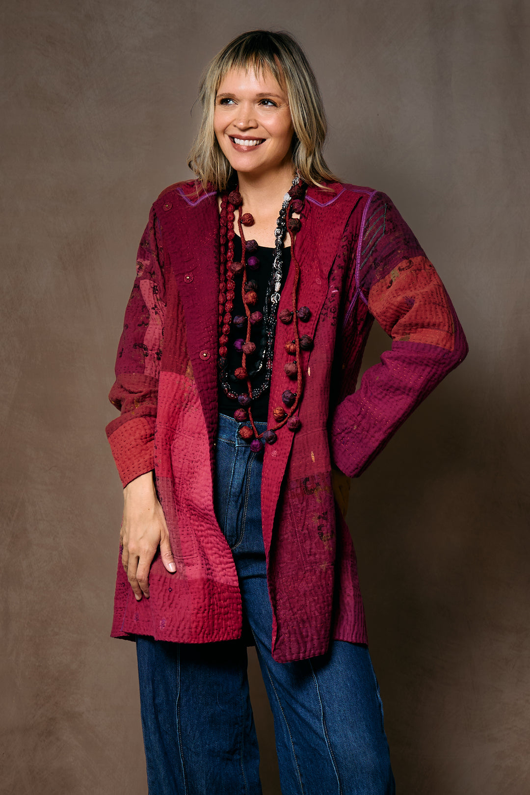 OMBRE PATCHED GOLD STAMP KANTHA LONG JKT - og4006-red -