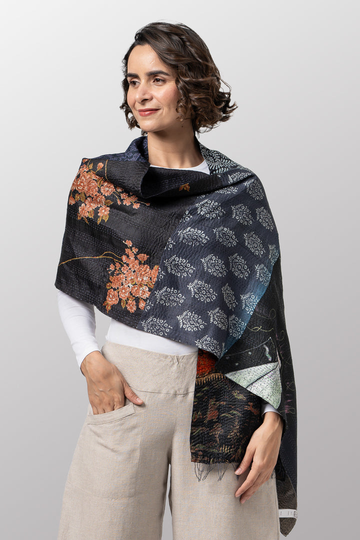 VINTAGE SILK PATCH KANTHA SCARF STANDARD - vp2801-blk -