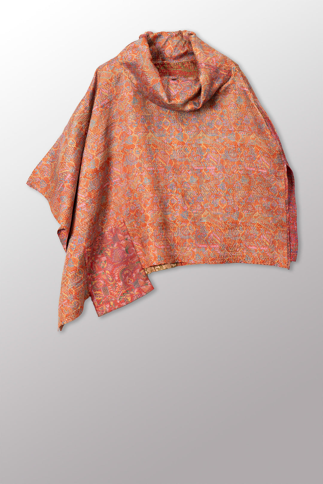 VINTAGE SILK KANTHA COWL NECK LONG CAPE - sv2842-0006a -