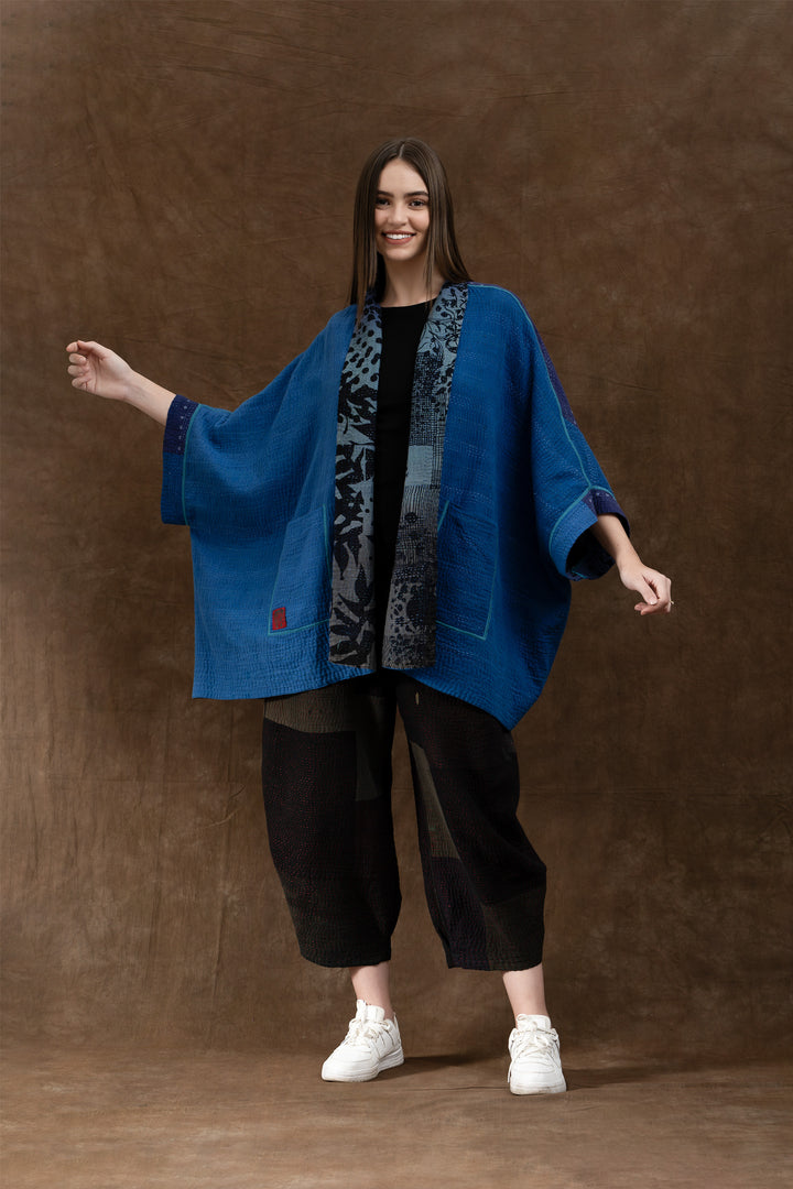 MONOTONE TWILIGHT PRINT KANTHA DOUBLE COLLAR PONCHO - tp4323-blu -