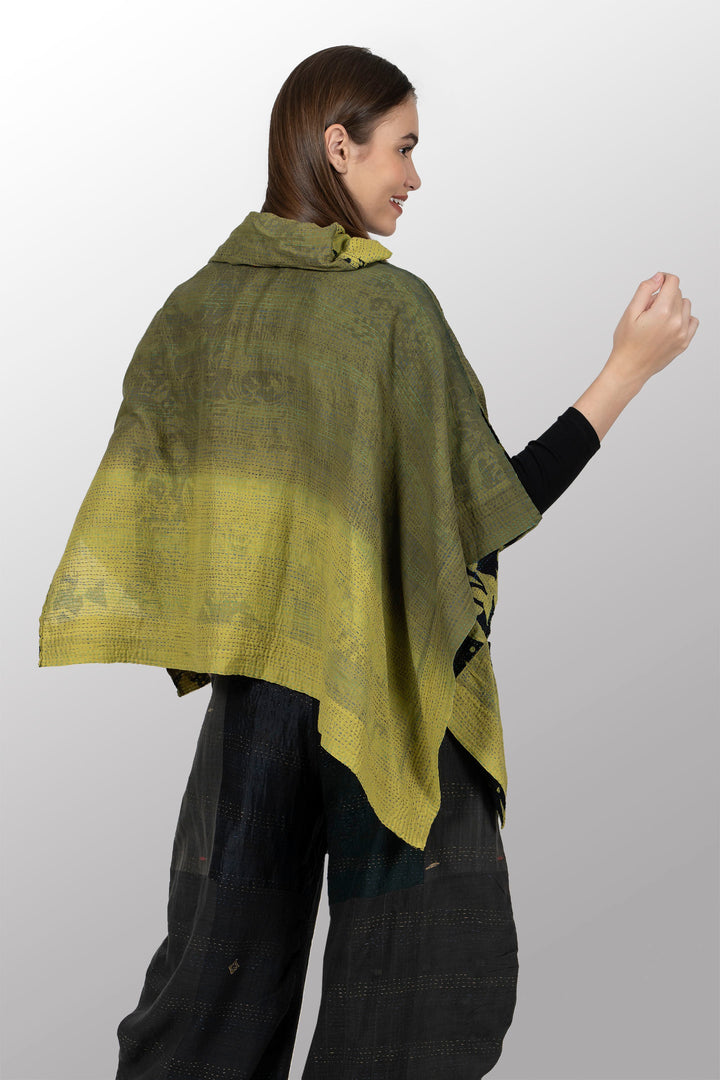 MONOTONE TWILIGHT PRINT KANTHA COWL NECK LONG CAPE - tp2842-cha -