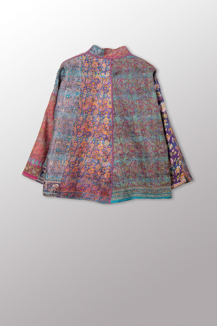 VINTAGE SILK KANTHA STAND COLLAR CROPPED JKT - sv2034-0017a -