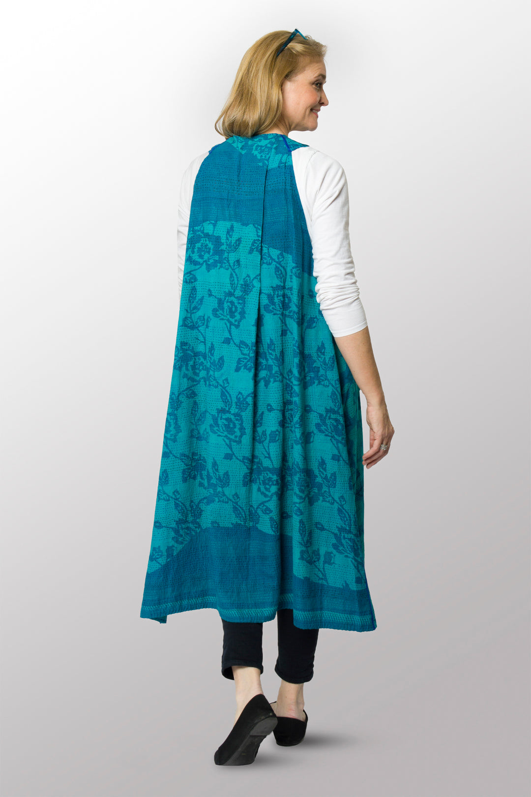 VINTAGE COTTON KANTHA BACK PLEATED VEST MAXI - cv2222-0009a -