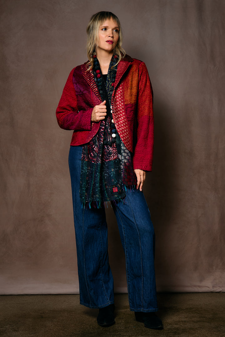 JACQUARD SILK KANTHA CROPPED BASIC JACKET - js4096-cmar003m -