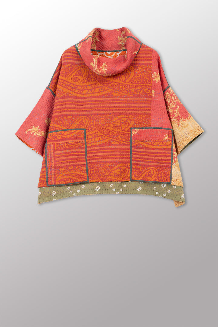 VINTAGE COTTON KANTHA COWL NECK PONCHO - cv4061-0037a -