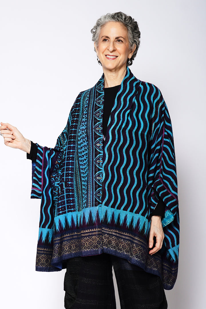 DESERT WAVES KANTHA DOUBLE COLLAR PONCHO - dw2323-blu -