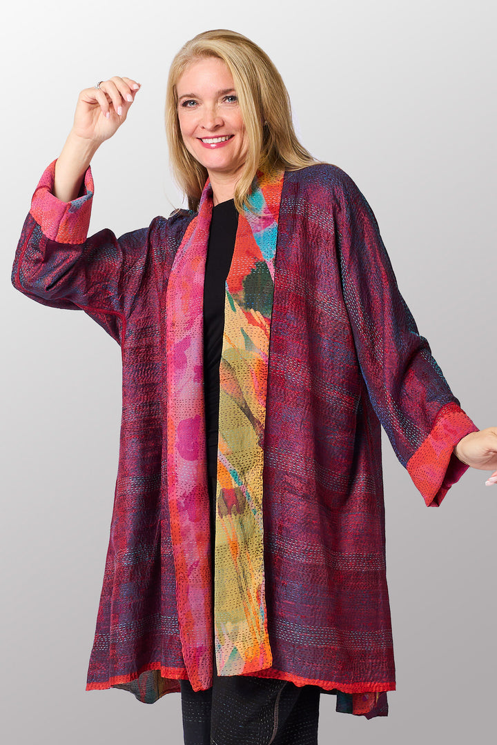 GEORGETTE JACQUARD VINTAGE SILK PATCH KANTHA KIMONO LONG JACKET - gj2005-0001a -