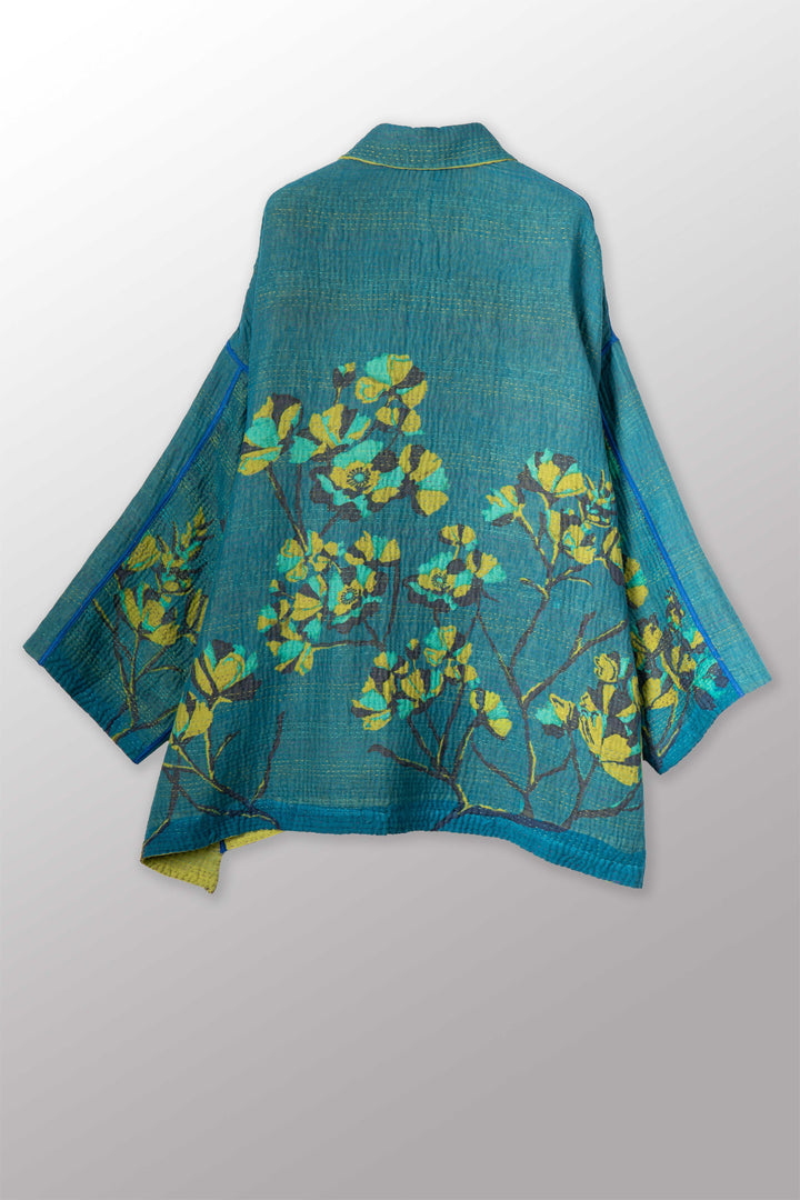 BLOOMING FLOWERS KANTHA OVERSIZED MINI COAT - bf4332-blu -