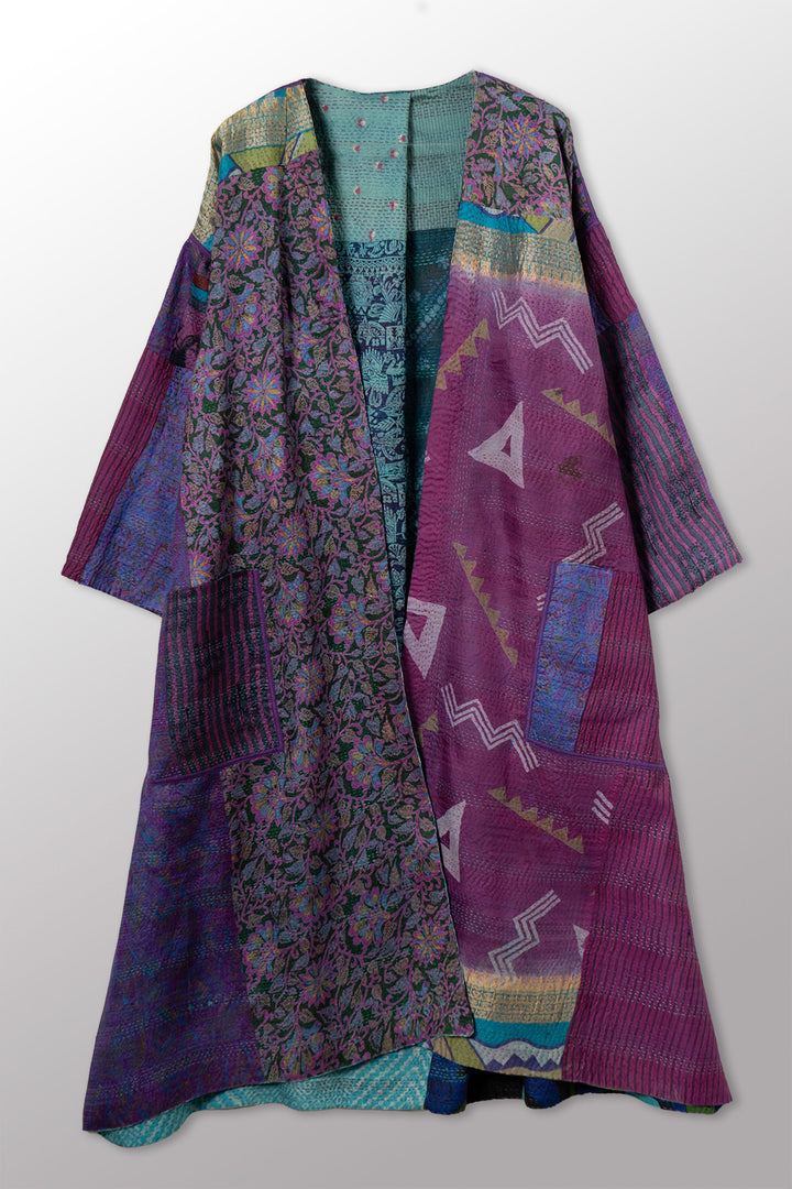 VINTAGE SILK KANTHA LONG DUSTER - sv2328-0016a -