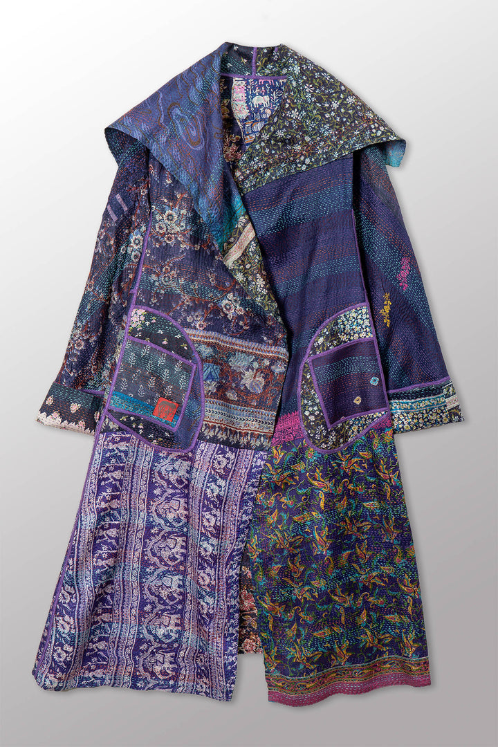 VINTAGE SILK KANTHA A-LINE LONG COAT - sv2302-0091a -