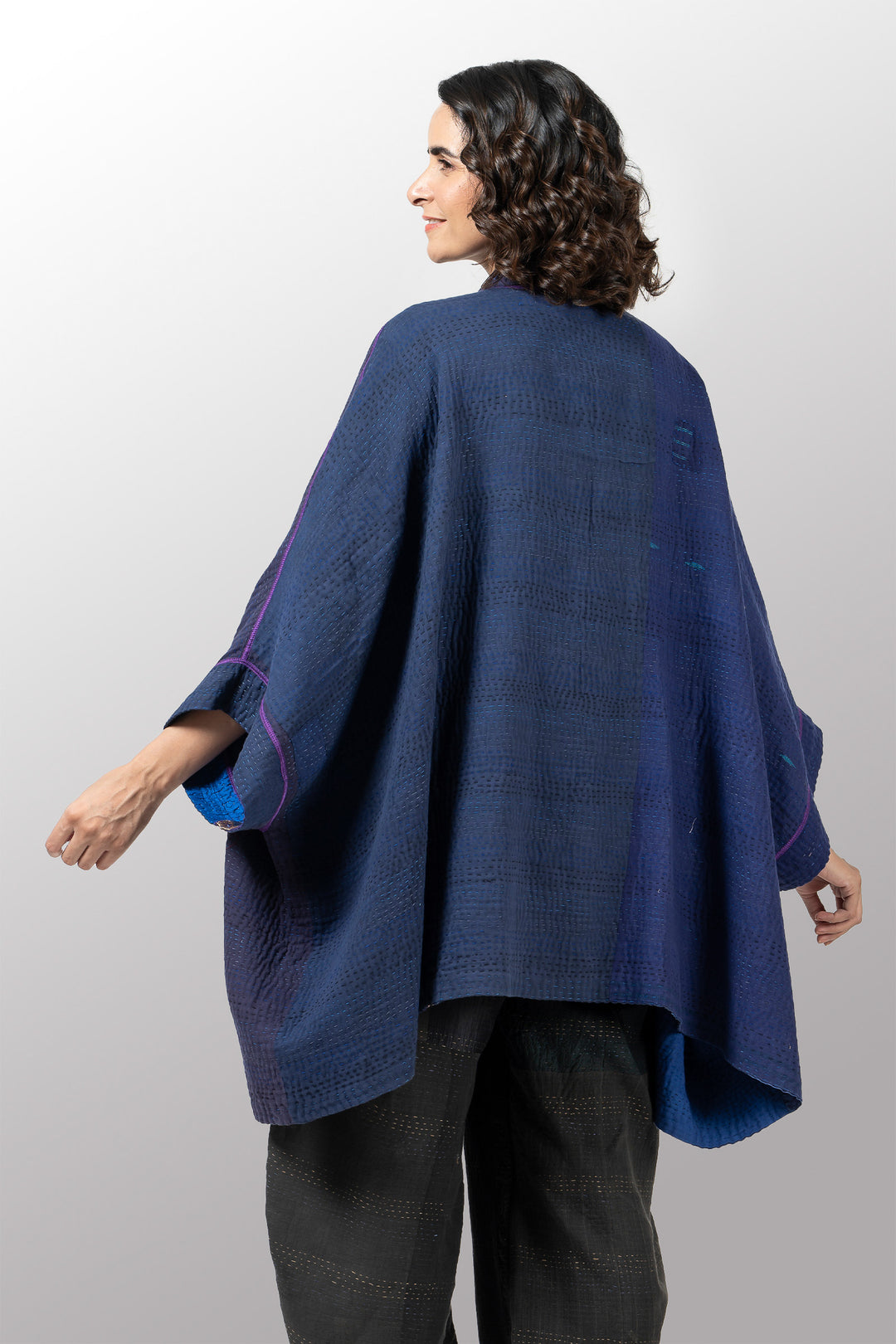 COTTON SILK SW PATCH KANTHA DOUBLE COLLAR PONCHO - ws4323-nvy -