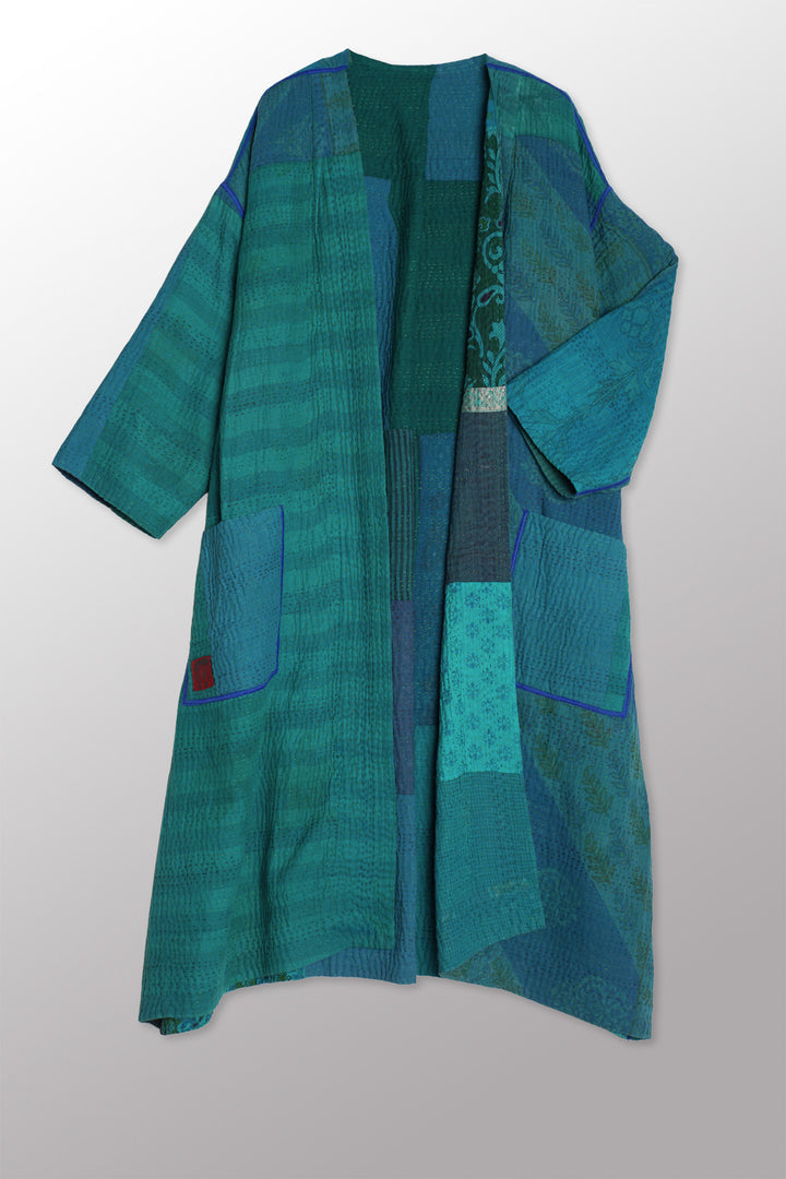 COTTON SILK SW PATCH KANTHA LONG DUSTER - ws4328-tel -