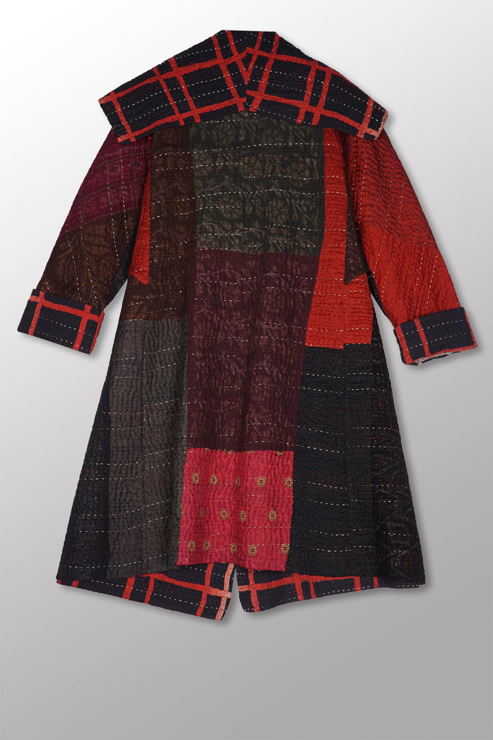 VELVET COTTON PRINT KANTHA A-LINE COAT - vc5309-red -