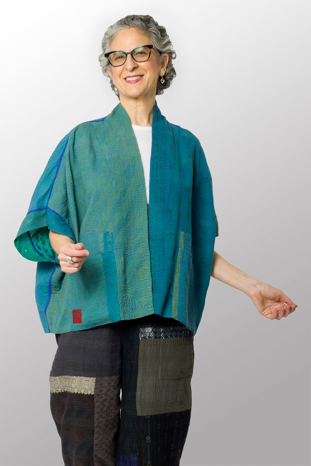 COTTON SILK SW PATCH KANTHA MINI PONCHO - ws2060-tel -