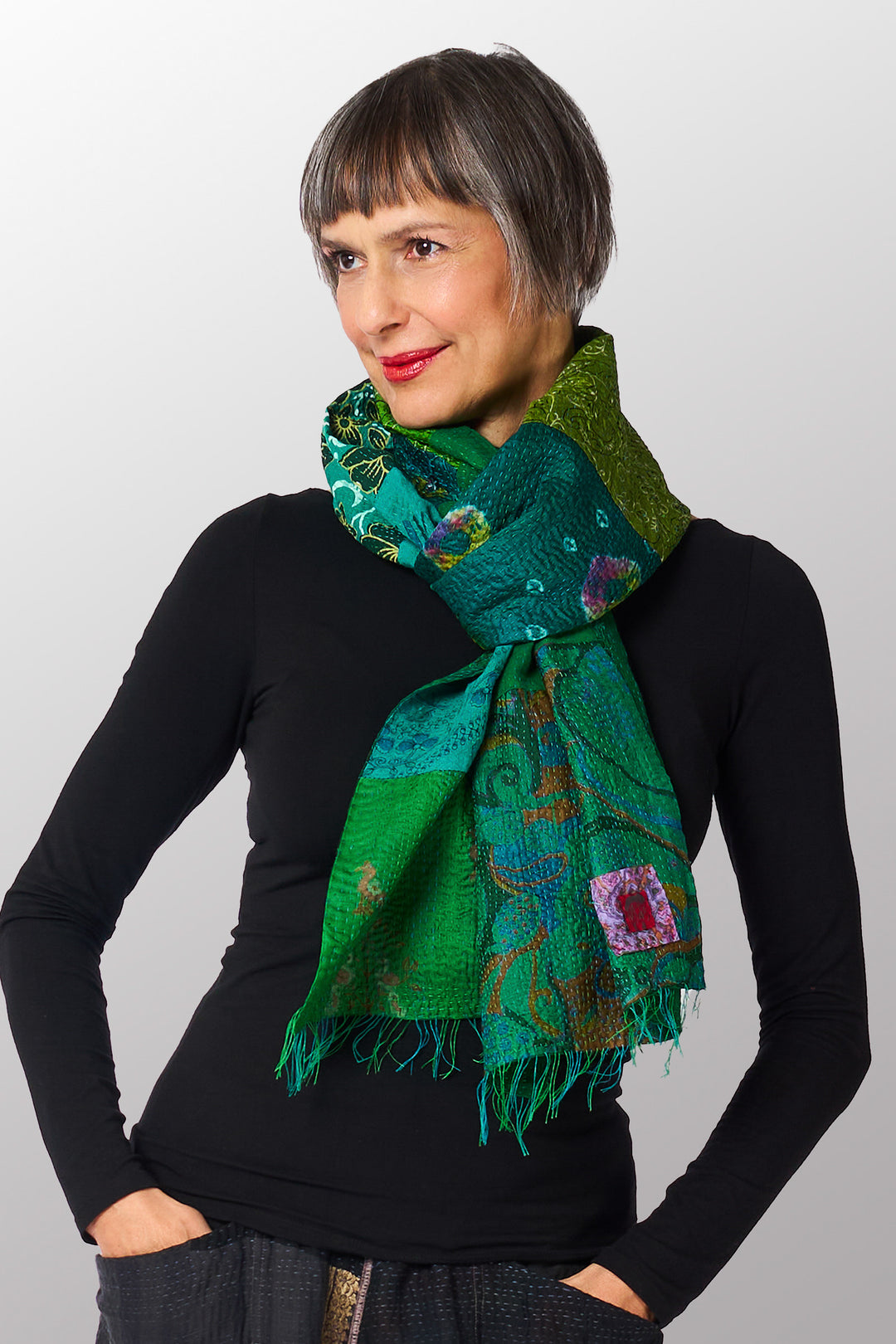 VINTAGE SILK COTTON KANTHA SCARF SMALL - sc2800-grn -