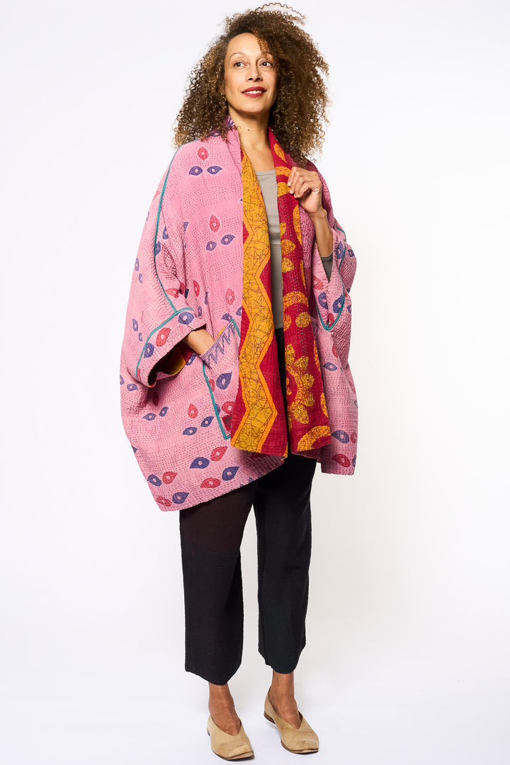 VINTAGE COTTON KANTHA DOUBLE COLLAR PONCHO - cv4323-0056a -