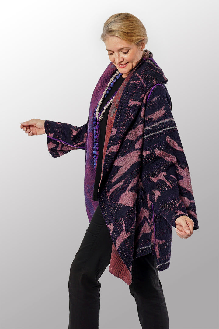 WOVEN HANDLOOM IKAT WITH OMBRE KANTHA HOODED A-LINE COAT - wh4341-prp -