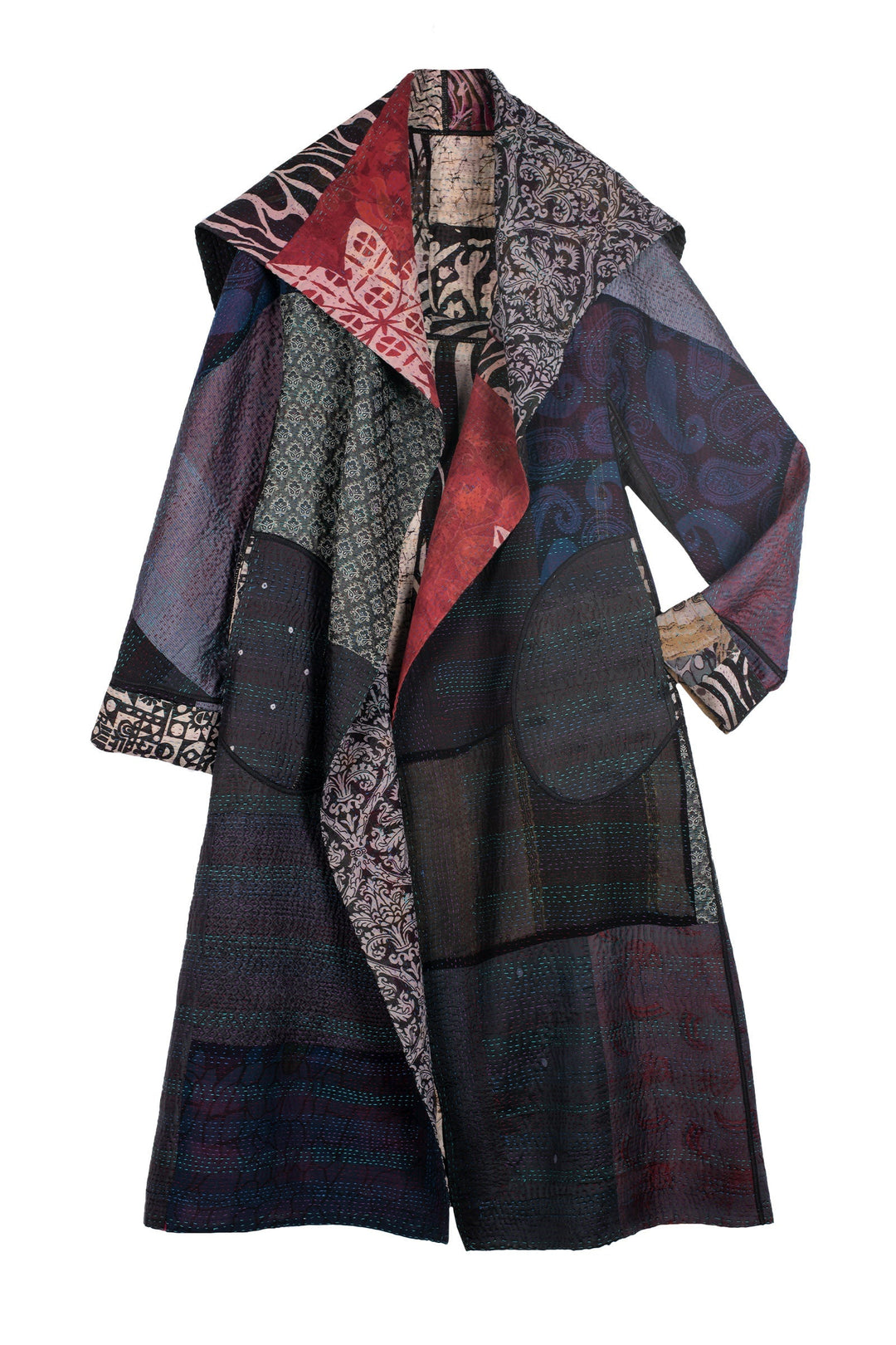 JACQUARD SILK KANTHA A-LINE LONG COAT - js4302-blk -
