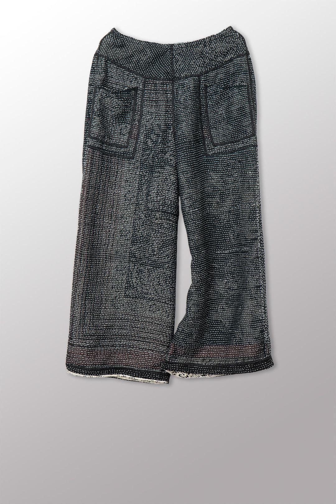 COTTON PAISLEY KANTHA MID RISE WIDE LEG PANTS - cp2665-blk -