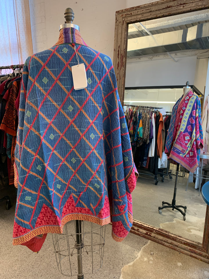VINTAGE COTTON KANTHA DOUBLE COLLAR PONCHO - cv4323-0065a -