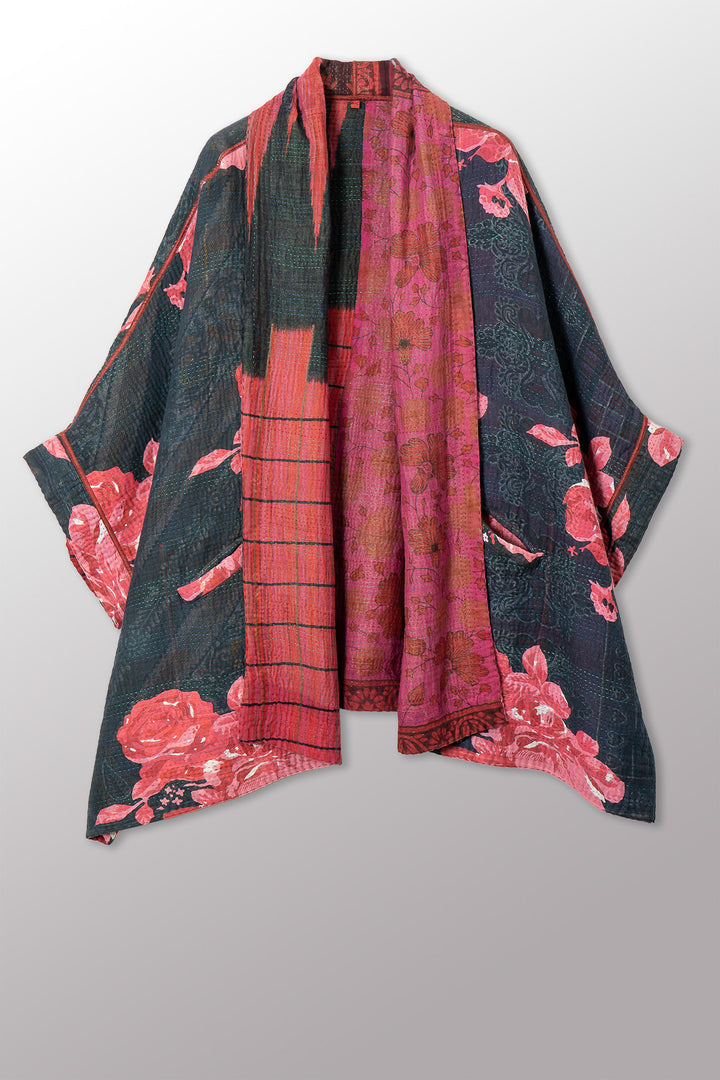 VINTAGE COTTON KANTHA DOUBLE COLLAR PONCHO - cv4323-0058a -