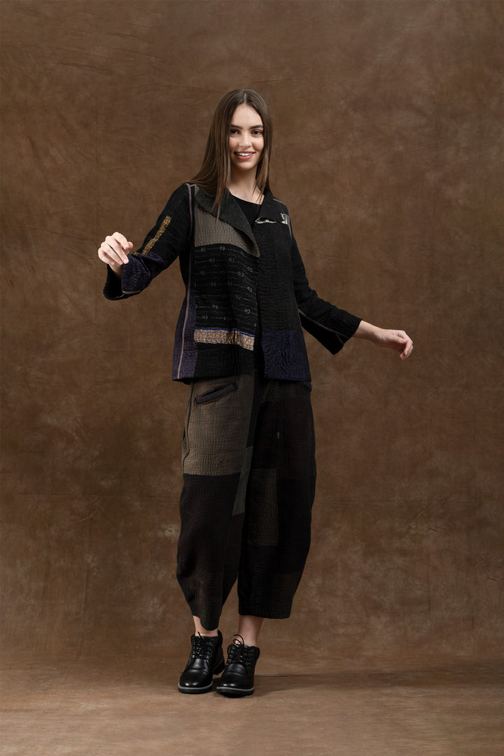 COTTON SILK SW PATCH KANTHA SHORT JKT - ws4007-blk -