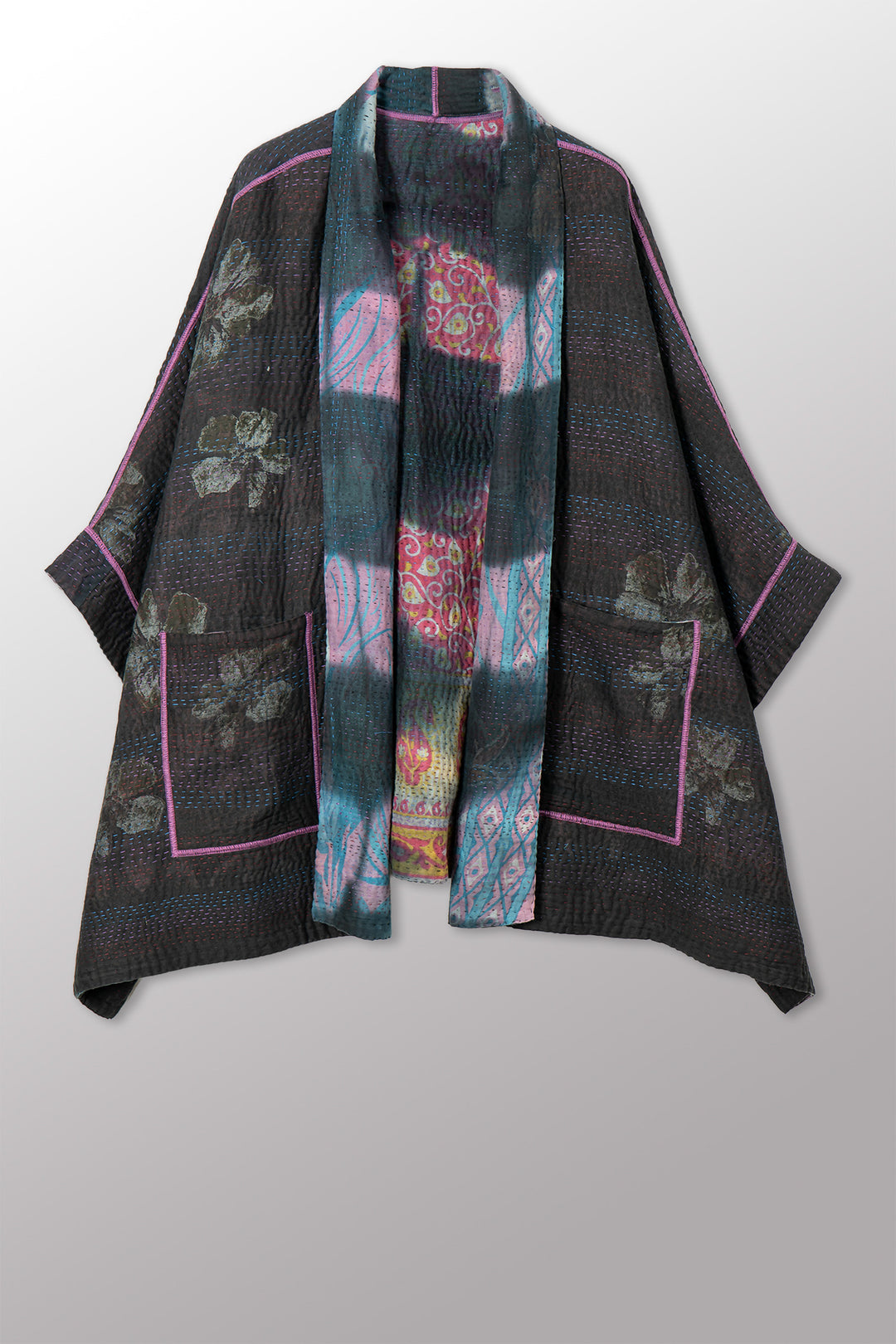VINTAGE COTTON GREY CLAMP TIE DYE KANTHA DOUBLE COLLAR PONCHO - su4323-0003a -