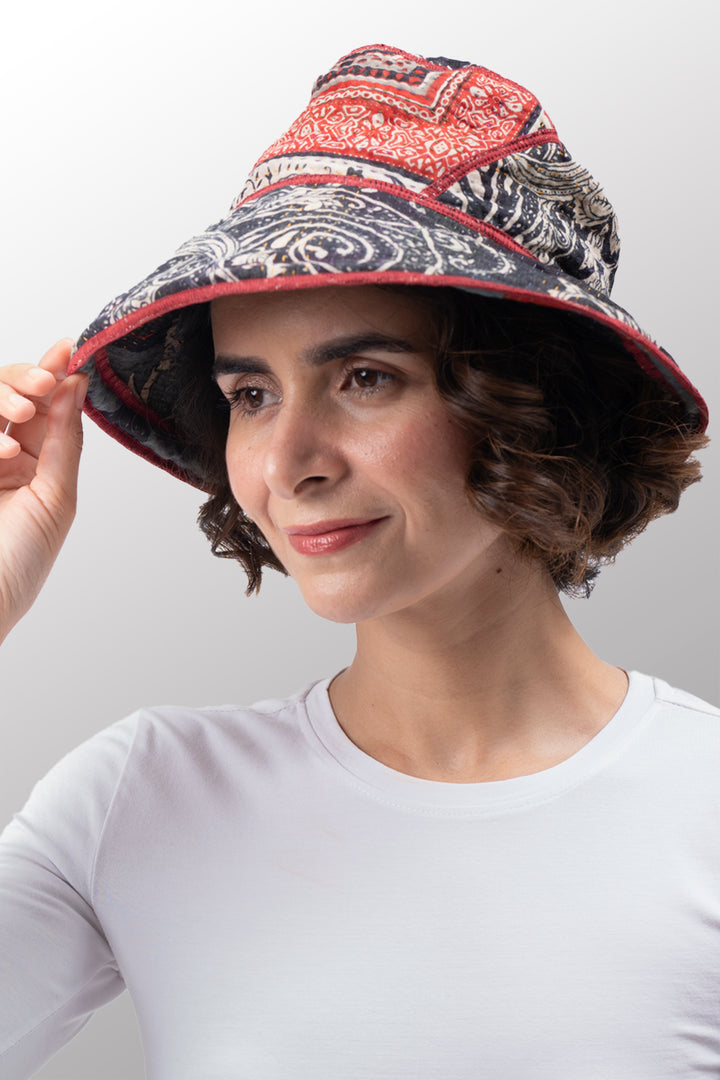 DOT & PAISLEY KANTHA CIRCULAR CUT BRIM HAT - dp4882-nvy -