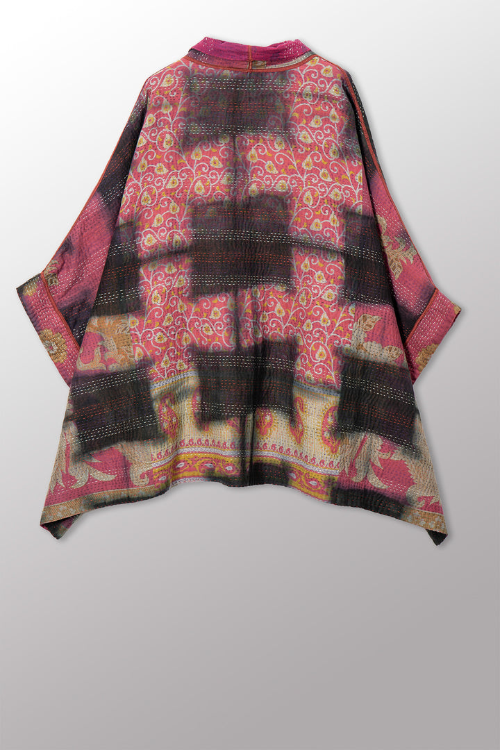 VINTAGE COTTON GREY CLAMP TIE DYE KANTHA DOUBLE COLLAR PONCHO - su4323-0002a -