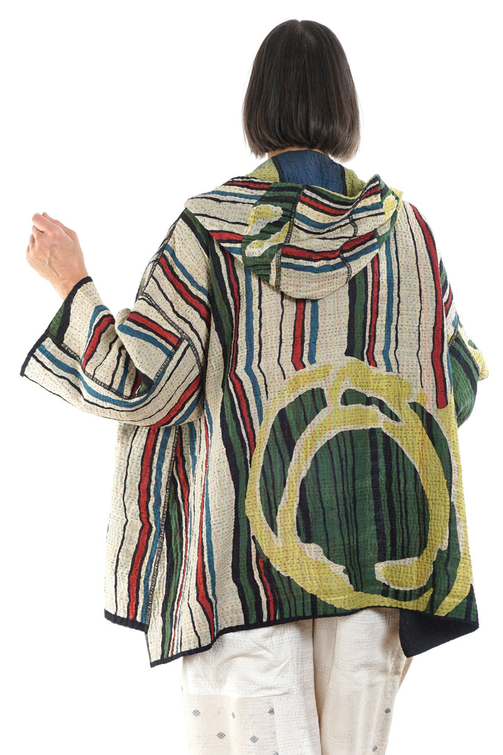 STRIPE AND BENDS KANTHA HOODIE PONCHO - sb4064-grn -