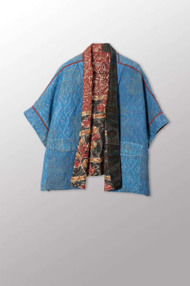 VINTAGE SILK GEORGETTE COTTON KANTHA MINI PONCHO - gc4060-0001a -