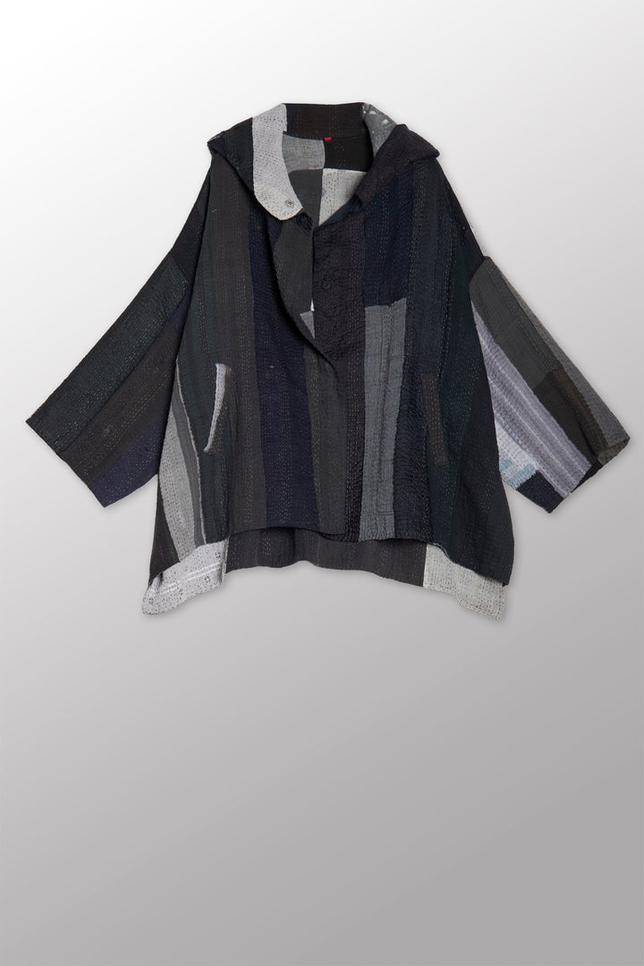 STRIPE AND CHECK COTTON SILK PATCH KANTHA HOODIE PONCHO - ss4064-blk -