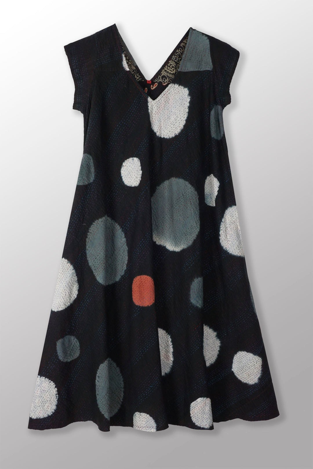 PATCH & CIRCLE PRINT KANTHA CAP SLV. FLARE DRESS - pc2425-blk -