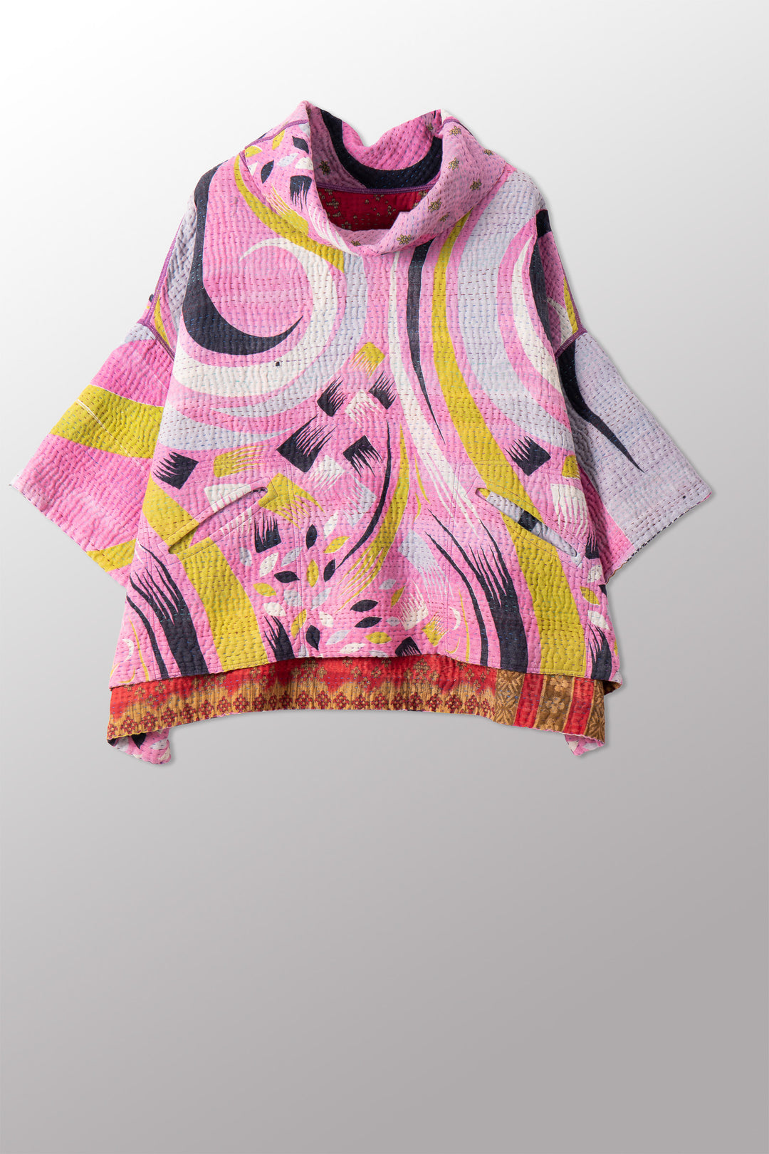 VINTAGE COTTON KANTHA COWL NECK PONCHO - cv4061-0032a -