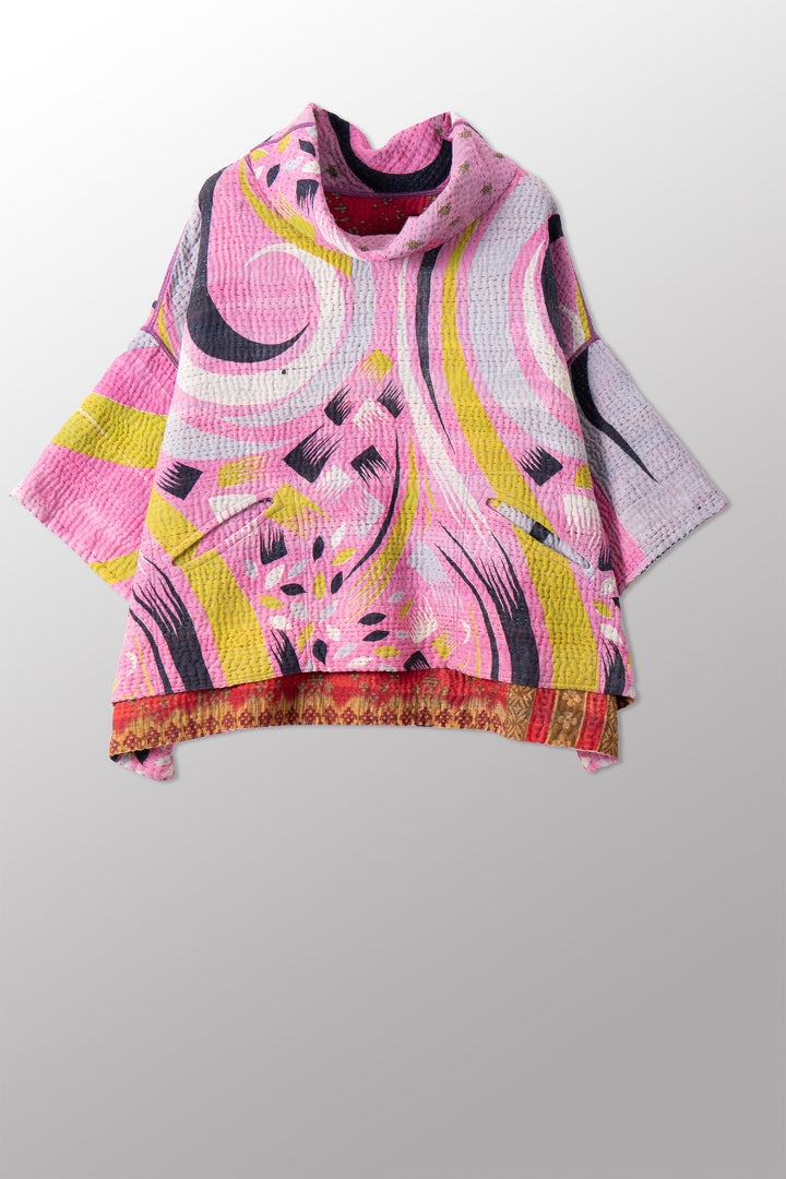 VINTAGE COTTON KANTHA COWL NECK PONCHO - cv4061-0032a -